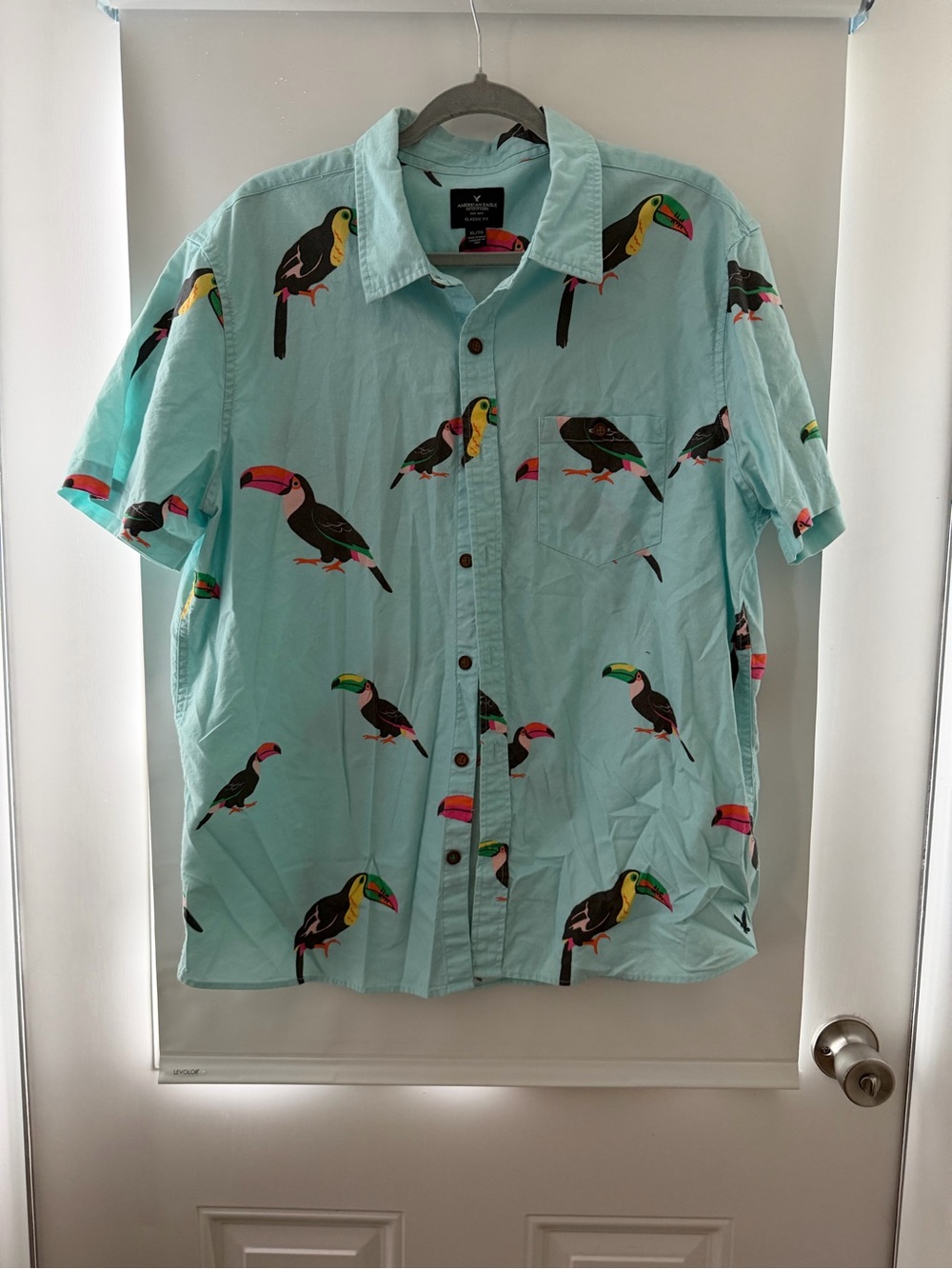 American Eagle Outfitters Light Aqua Toucan Short-Sleeve Button-Down Shirt